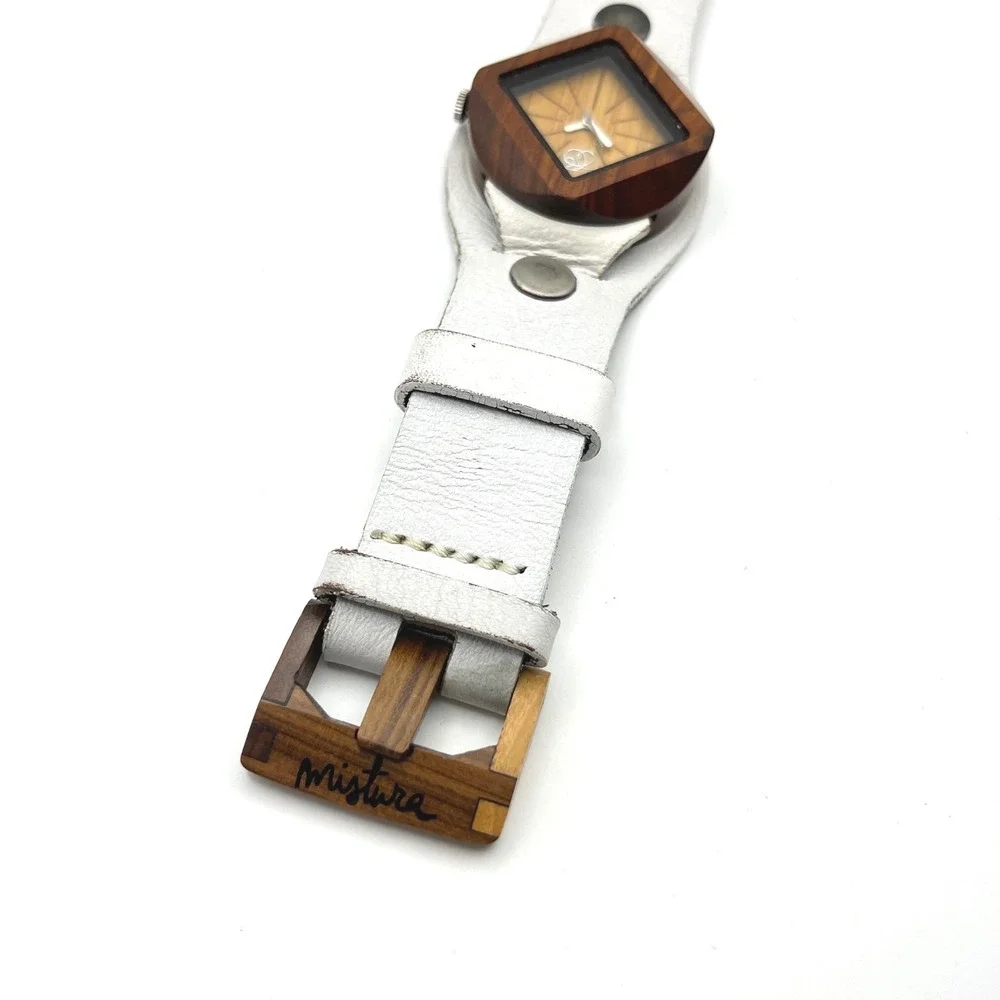 Mistura Wood Watch Square Case White Leather‎ Cuff Strap Artisan Handcrafted